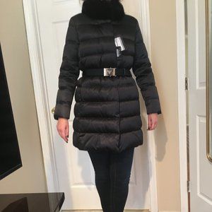 Prada Women Belted Puffer Coat with Fox Collar